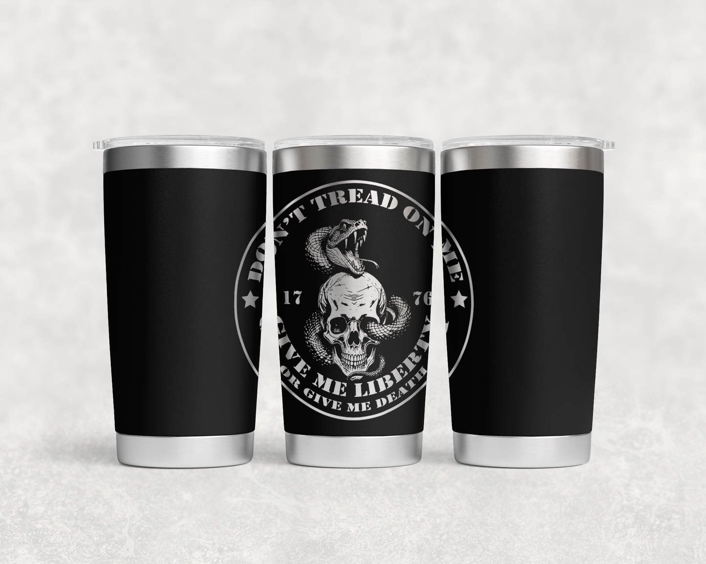 Don’t Tread On Me 20oz Tumbler – “Give Me Liberty or Give Me Death” Laser-Engraved Design