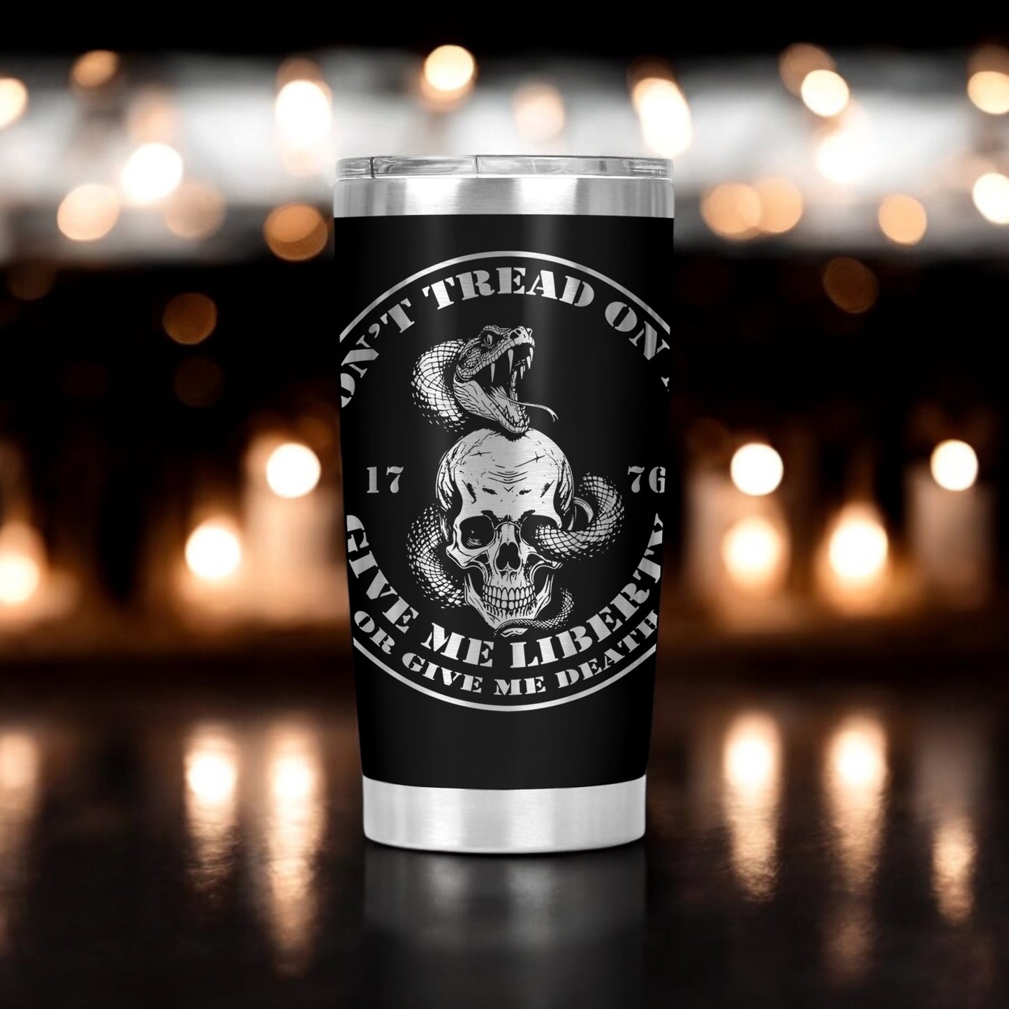 Don’t Tread On Me 20oz Tumbler – “Give Me Liberty or Give Me Death” Laser-Engraved Design