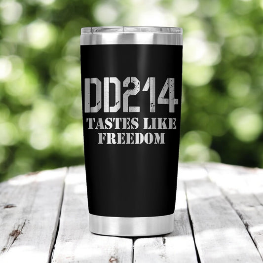 DD214 Tastes Like Freedom Tumbler, Military Veteran Cup Gift, 20 Oz